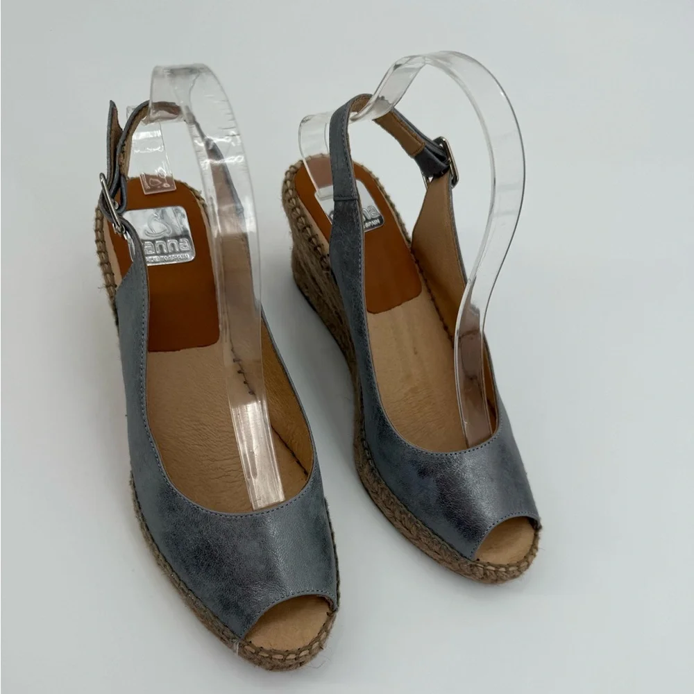 Kanna Metallic Silver Espadrille Wedge Slingback Peep Toe Sandal Summer Chic - Picture 11 of 16